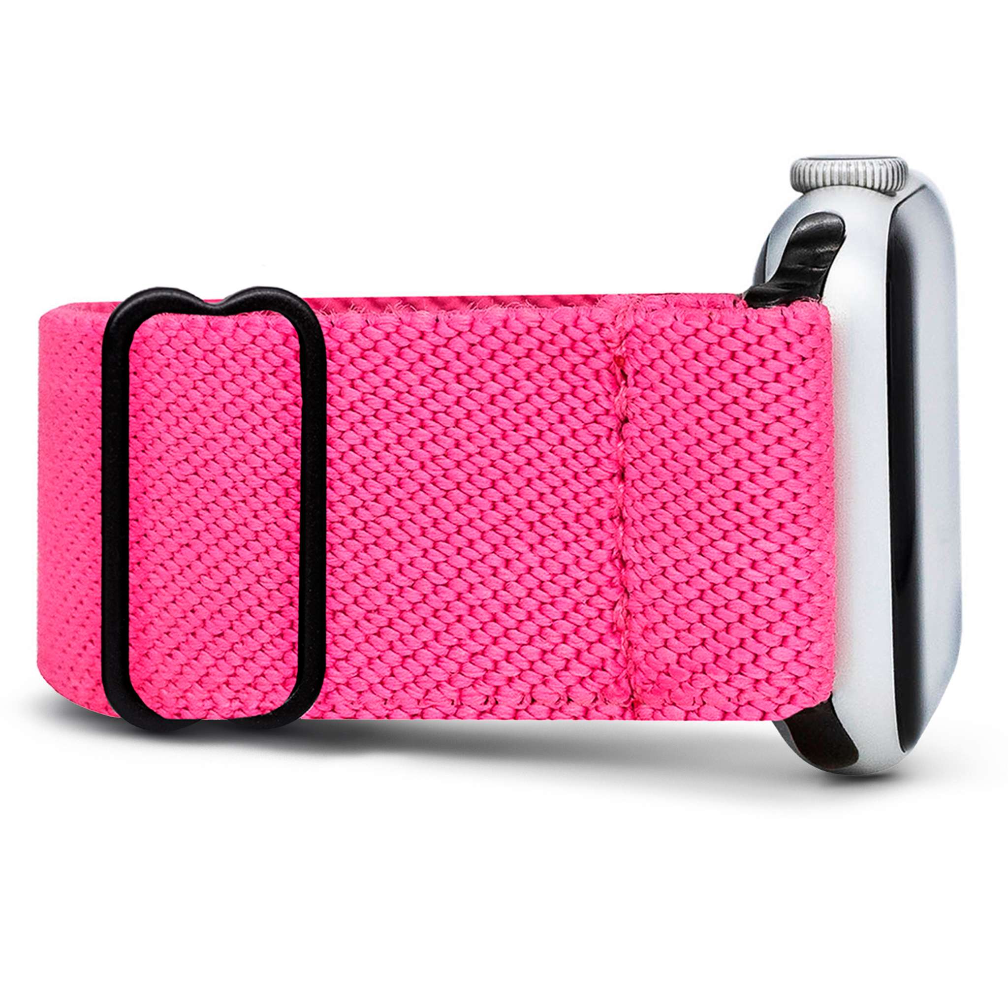 Smartwatch with bright pink woven band.